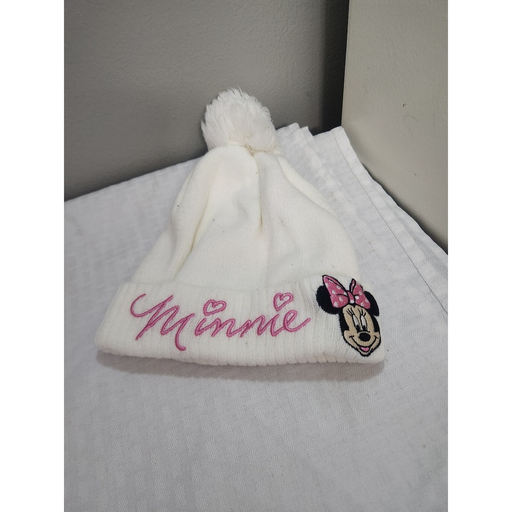 Disney Minnie Mouse Kids White Knit Beanie Hat with Pink Embroidery and Pom Pom